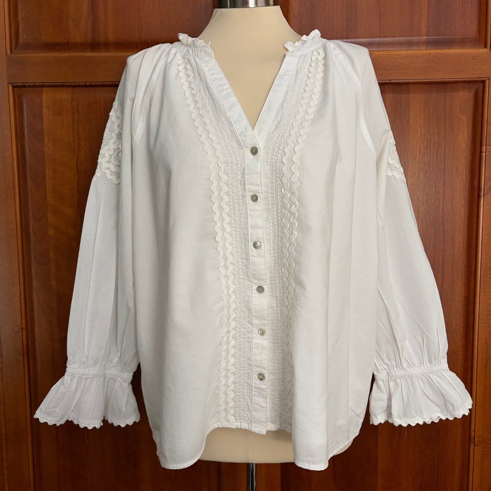 Liverpool White Rickrack Front Button Cotton Ruffle Top Women Size Large